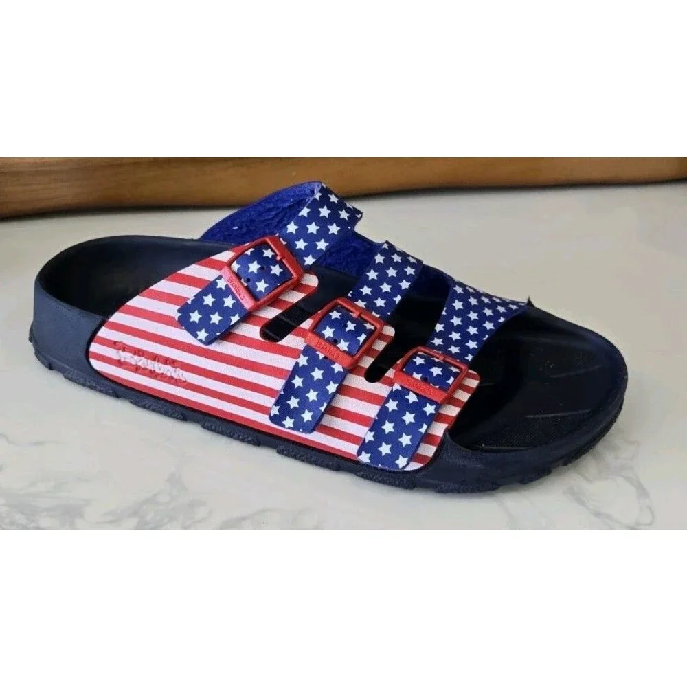 Birki’s Birkenstock Santiago Sandals 45 American Flag Stars Stripes 3 Strap Men